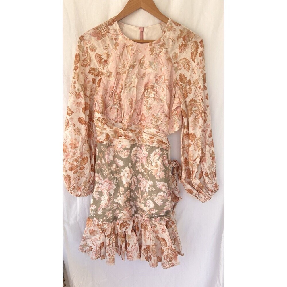 Zimmermann Lyre Wrap Billow Mini Dress Women’s Size 4 US 12 Light Pink Linen - Picture 9 of 16
